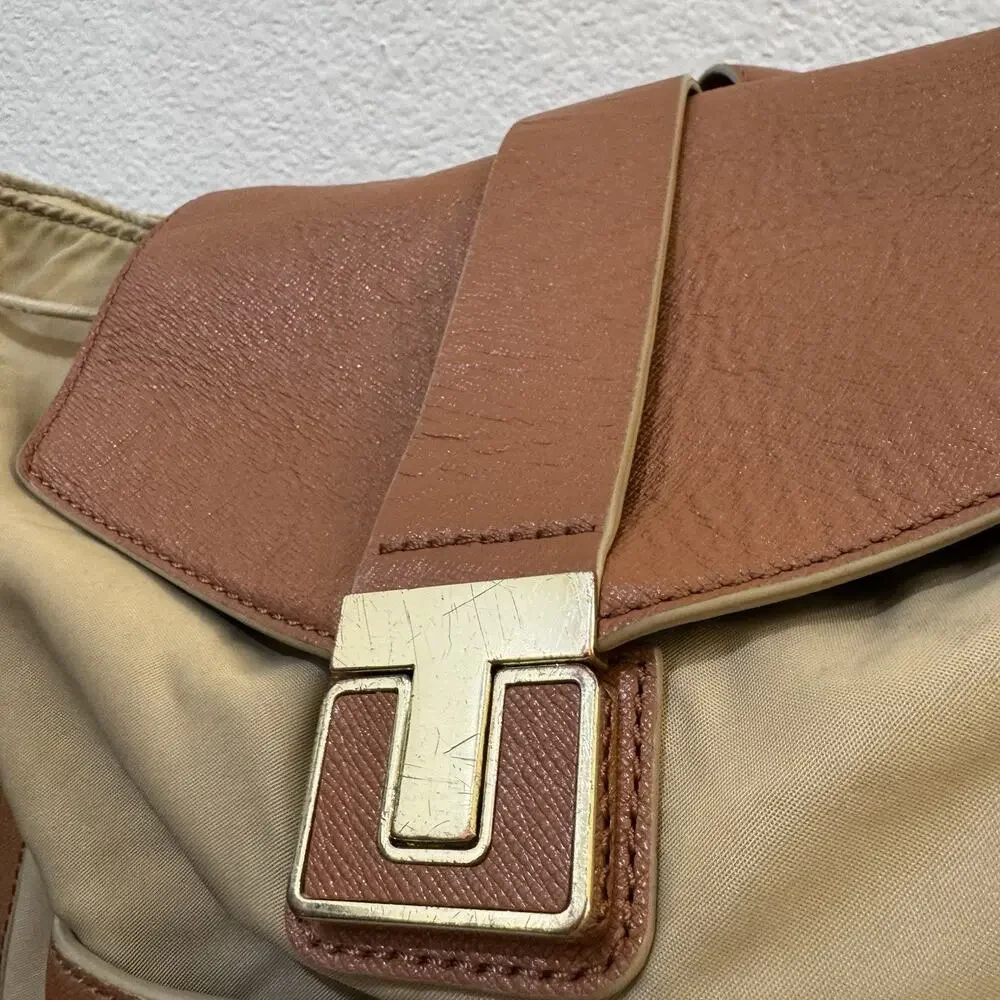 Tory Burch Penn Backpack Tan Nylon Brown PU Leather Pockets Handbag Purse